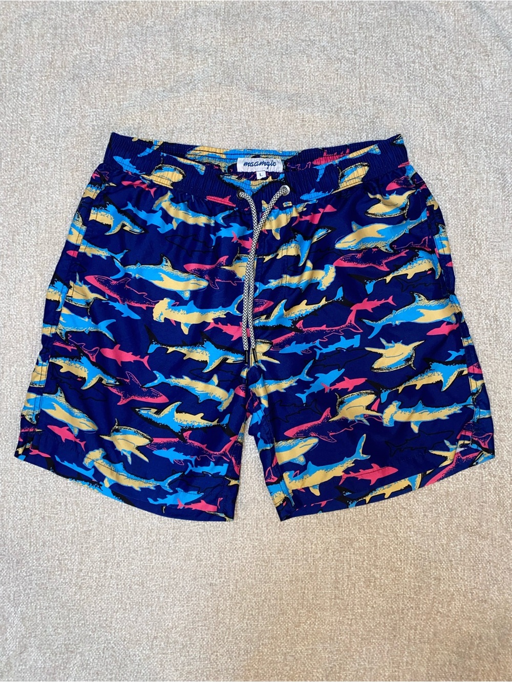 MaaMgic Men's Size Large Colorful Shark Swim Trunks Navy Blue Pink Yellow Large